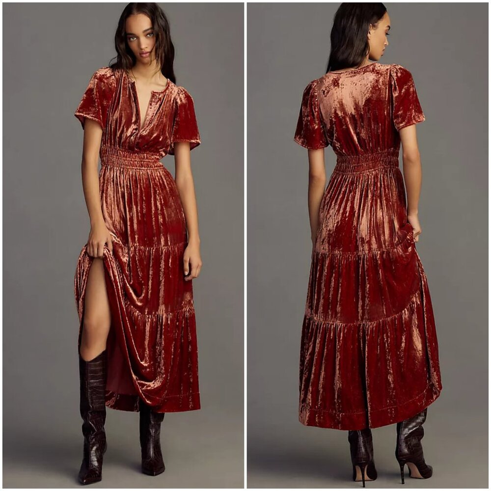 Anthropologie Somerset Velvet Maxi Dress size XS copper orange yellow honey tier - Picture 11 of 11